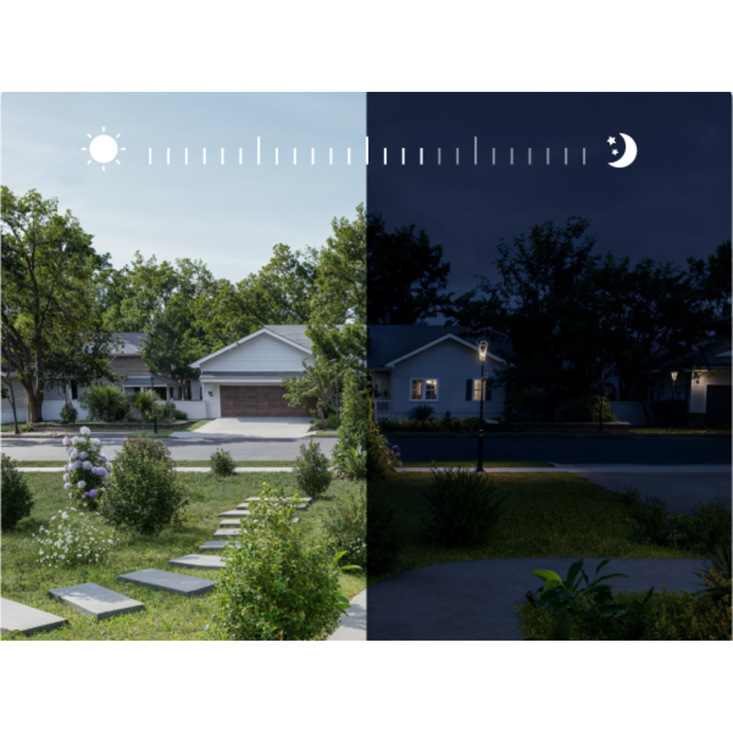Day and night scene of houses, showing light level adjustment using a slider.