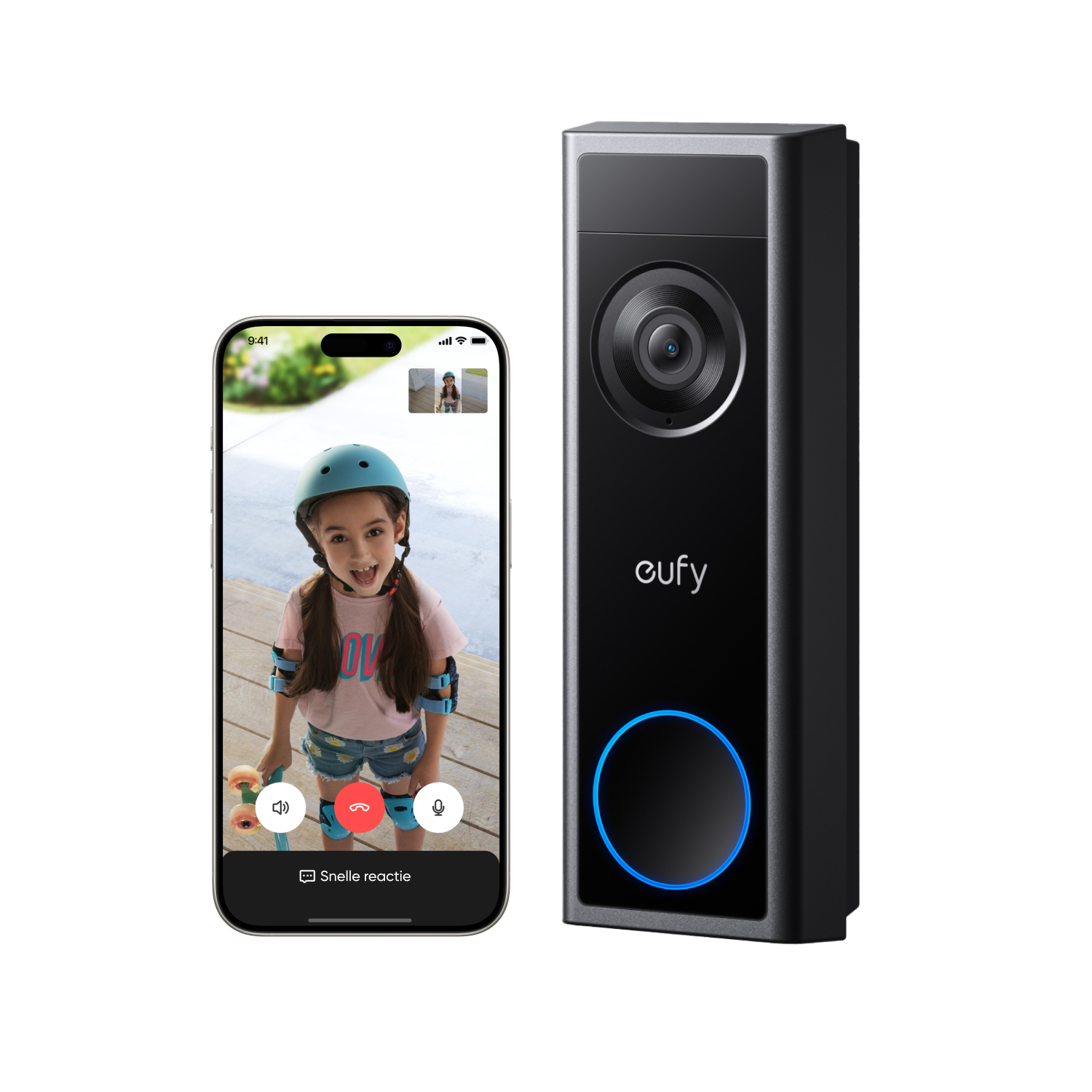 Smart doorbell next to phone showing a girl on video call, blue circle light.