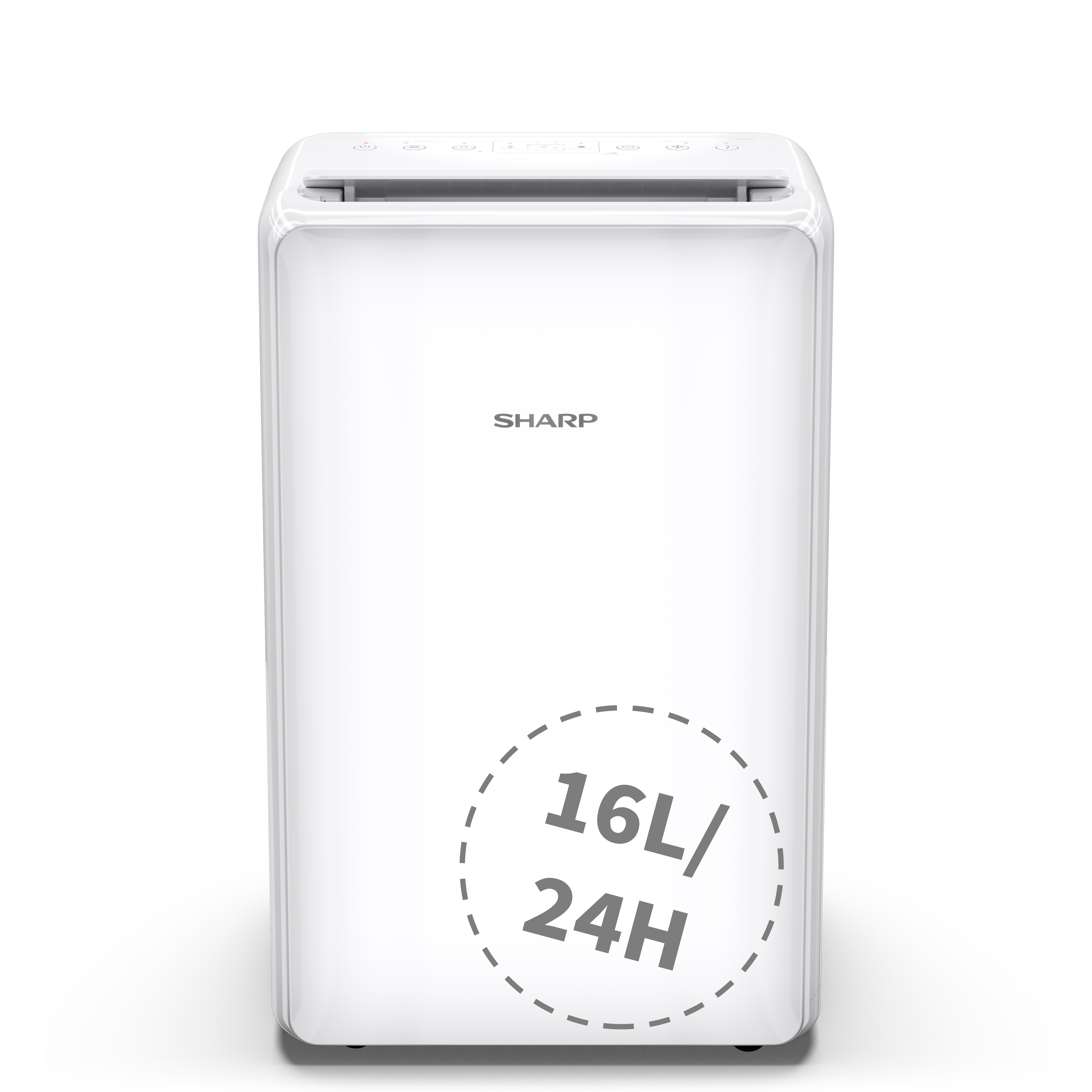 Biały osuszacz na białej powierzchni. Posiada przyciski i wyświetlacz. Izolowany.