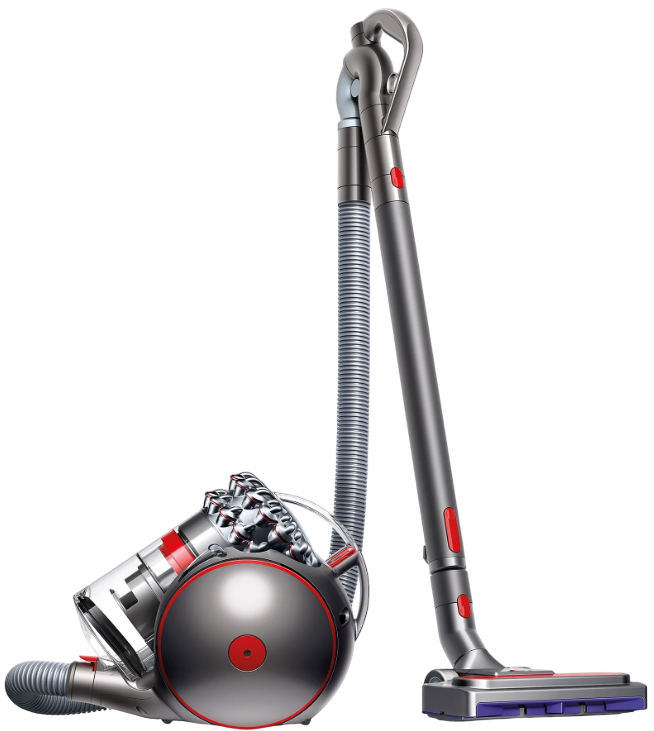 Gri ve kırmızı bir Dyson elektrikli süpürge. Siyah bir arka plan üzerinde ve sağa doğru açılı.