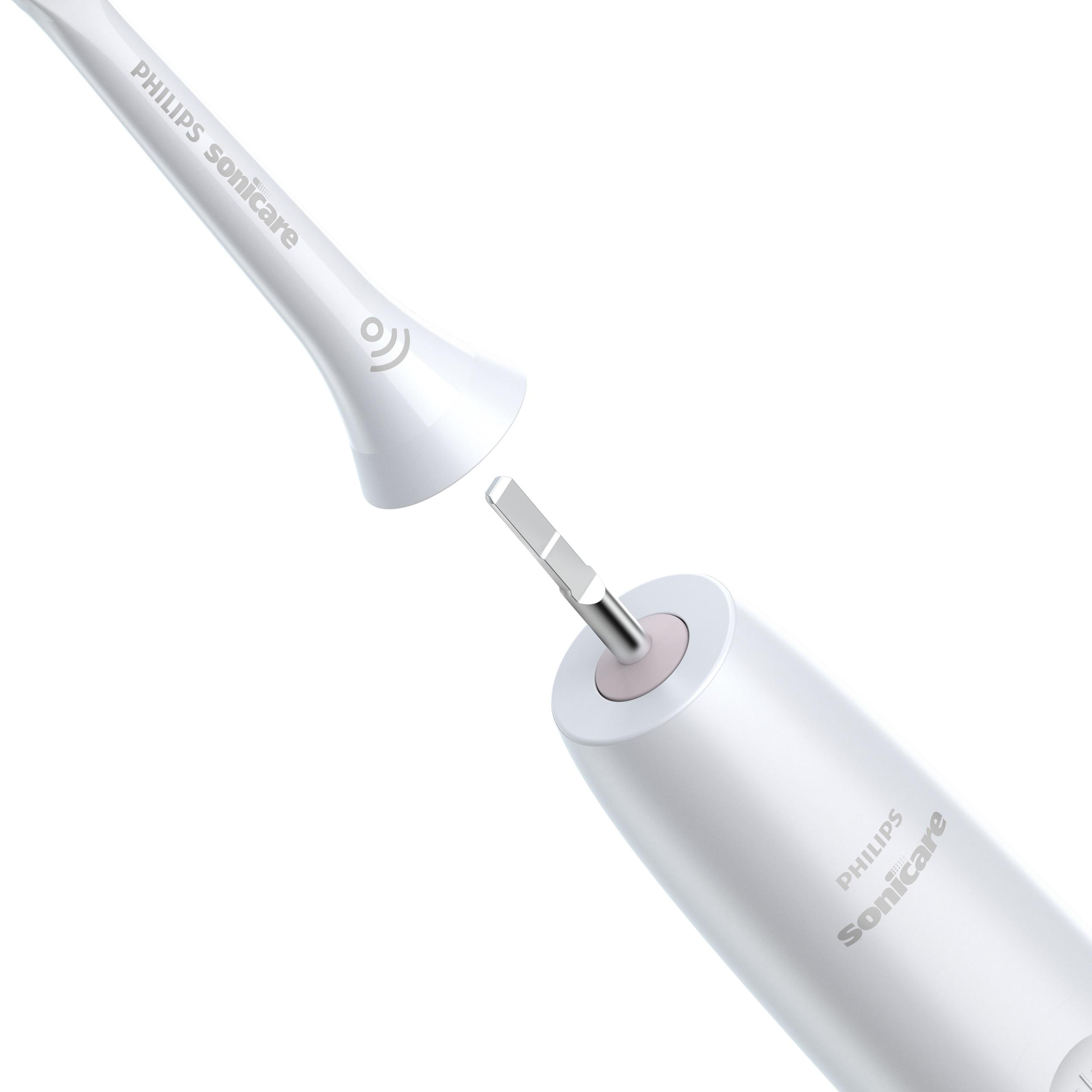 Philips Sonicare Zahnbürstenkopf vom Sockel getrennt. Weißes Farbschema.