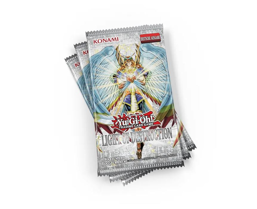 Drei Yu-Gi-Oh! Trading Card Game Booster-Packs, silberfarben, mit Abbildung einer geflügelten Figur.