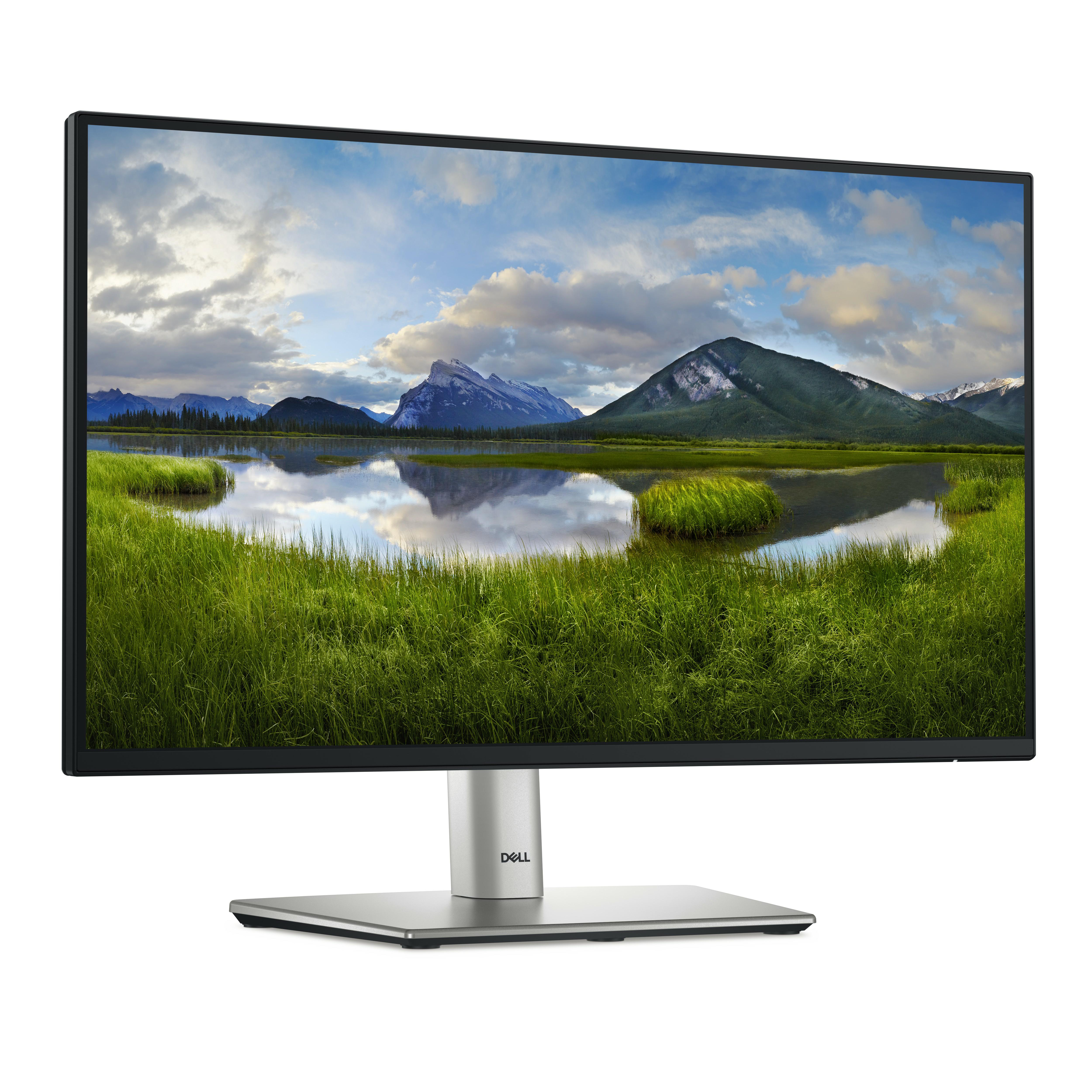 Ein Computermonitor mit einer Bergsee-Szene. Der Monitor steht auf einem silbernen Ständer.