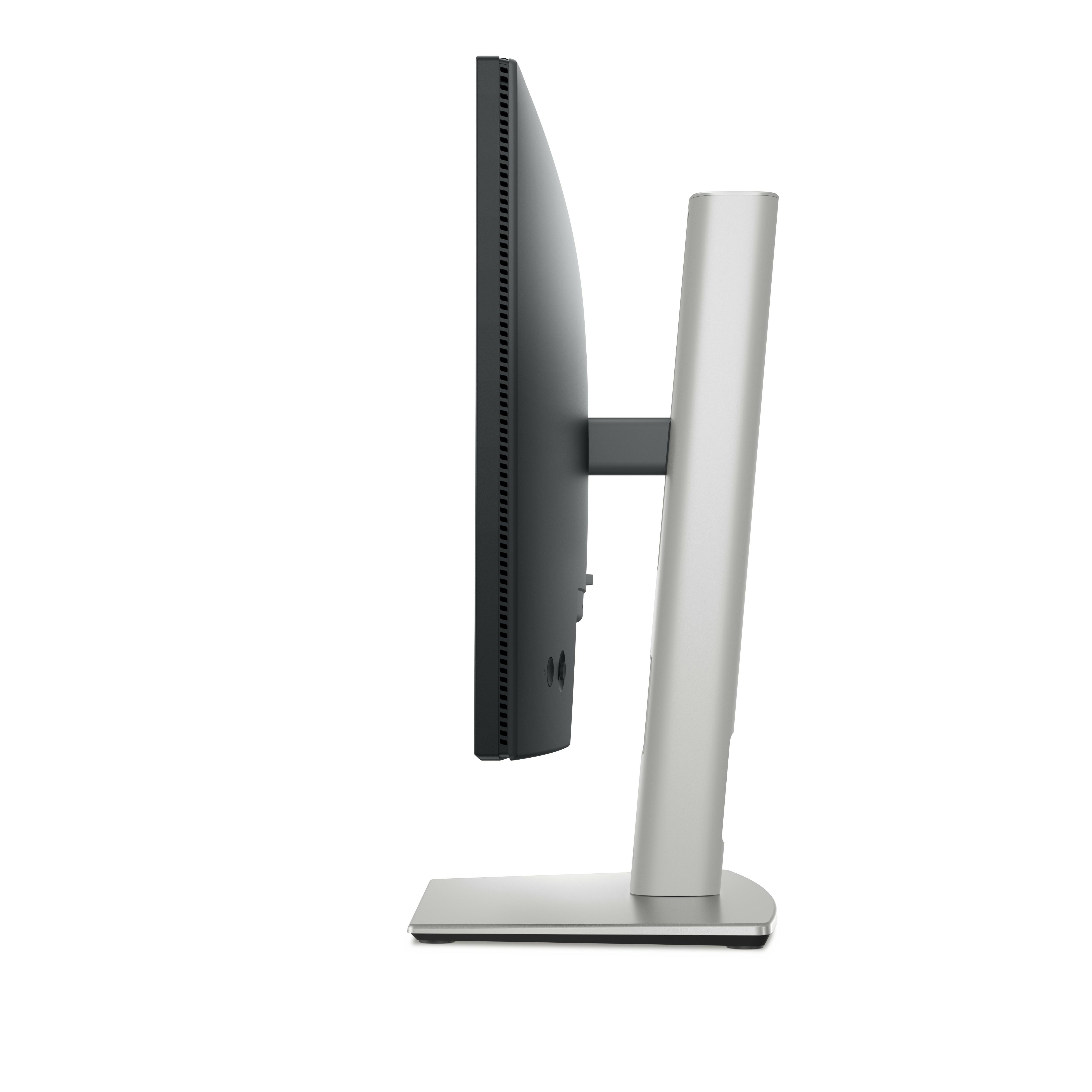 Seitenansicht eines Computermonitors auf einem Ständer. Silberner Sockel und ein schwarzer Bildschirm.