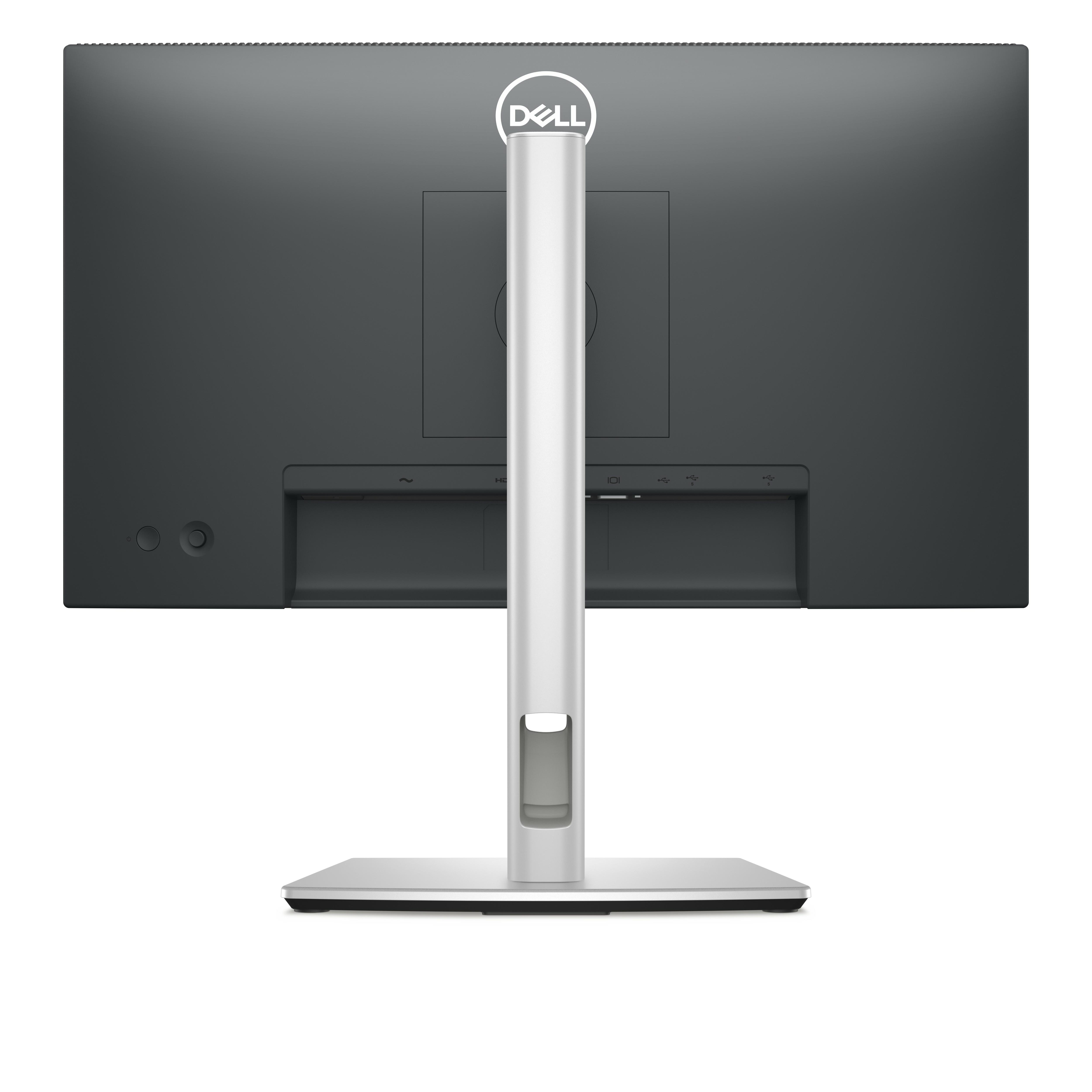 Rückansicht eines Dell-Monitors mit silbernem Ständer. Der Monitor ist schwarz mit dem Dell-Logo.