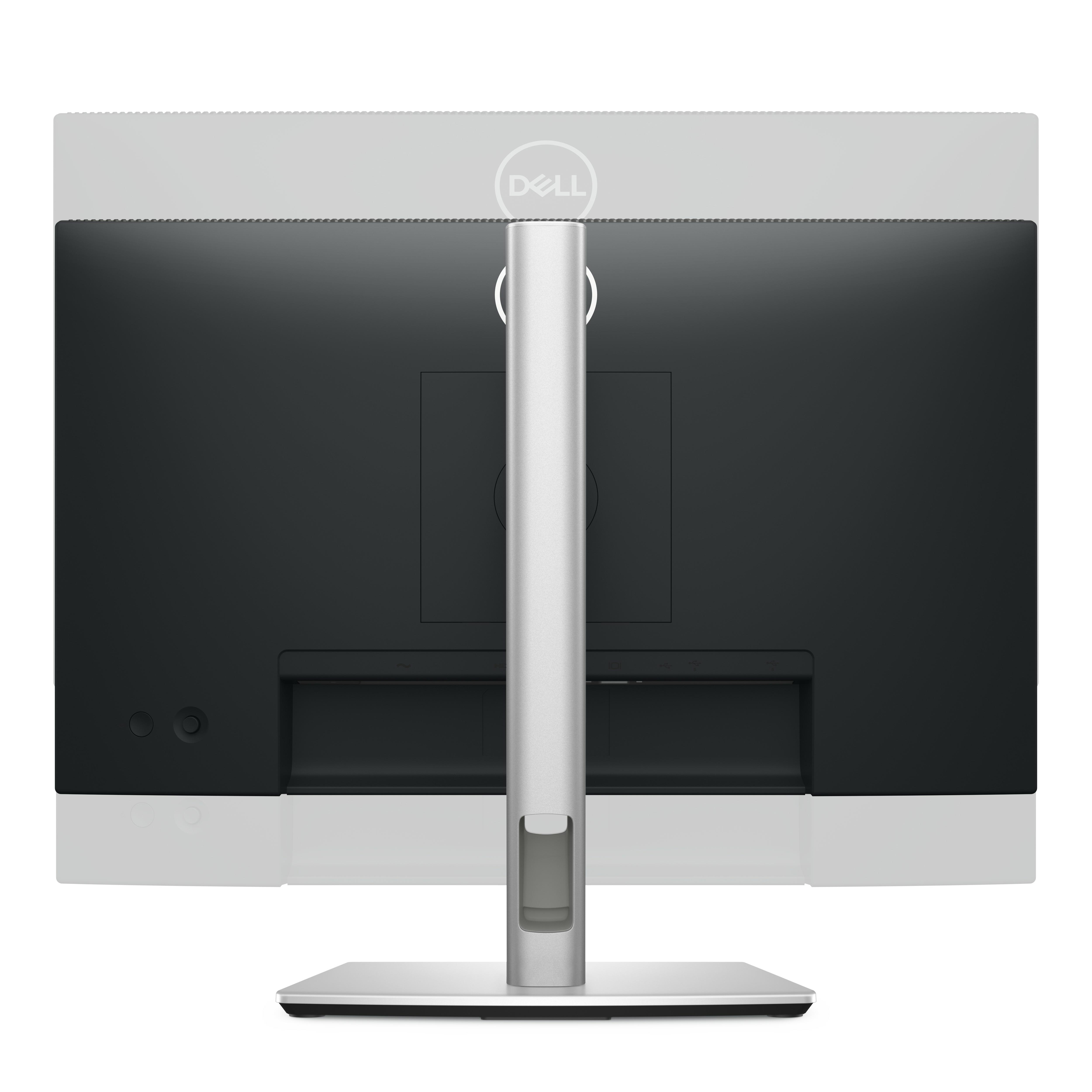Rückseite eines Dell-Monitors, die den Ständer, die Anschlüsse und einen schwarzen Bildschirm zeigt.