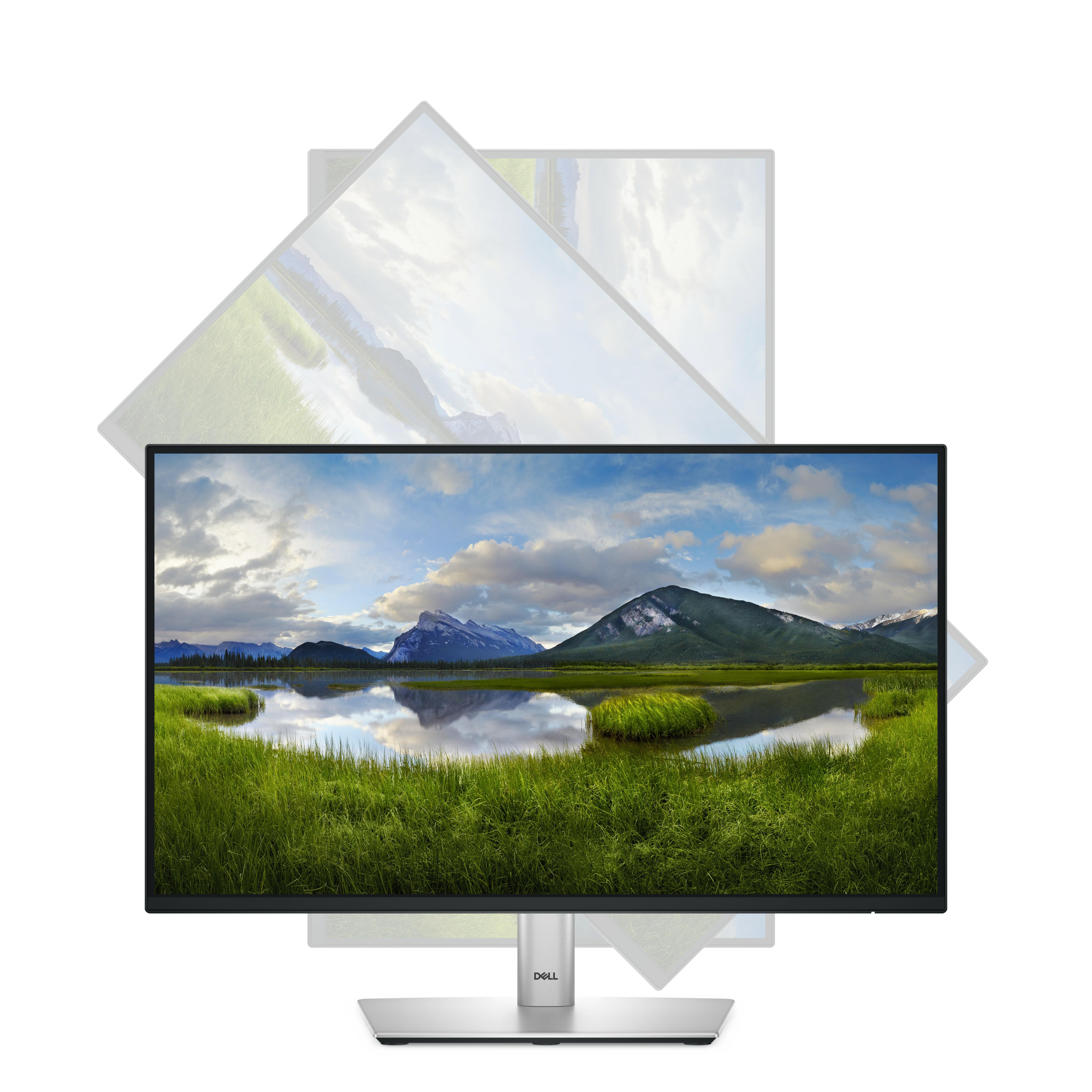Monitor, der eine malerische Landschaft mit Bergen und einem See zeigt. Weißer Hintergrund mit Schatten.