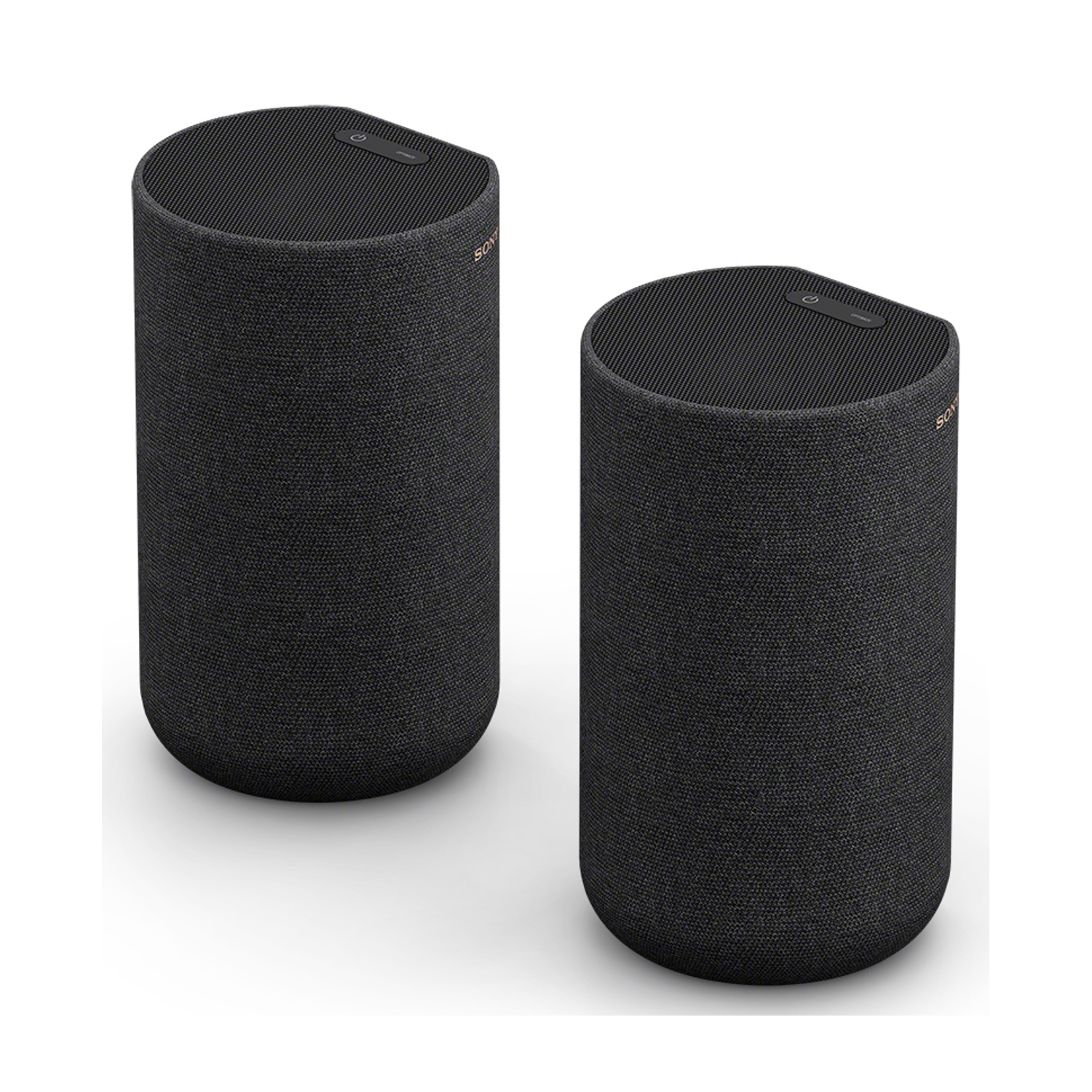 Due altoparlanti cilindrici neri, marchio Sony. Sono su una superficie bianca. Lo sfondo è bianco.