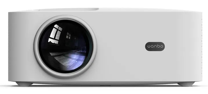 Biały projektor z dużą soczewką i słowem 'wanbo'.