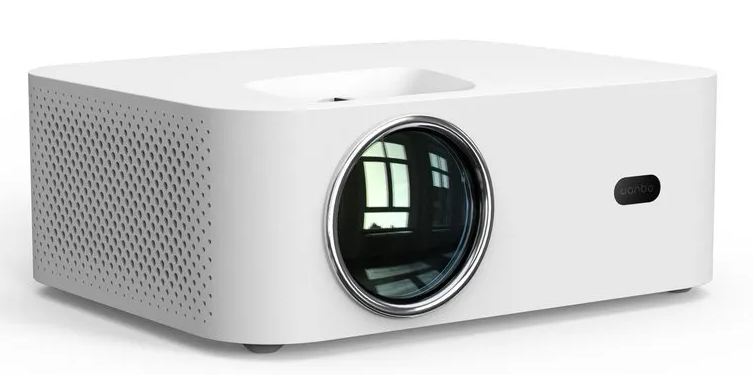 Biały projektor z dużą soczewką, widok z boku.