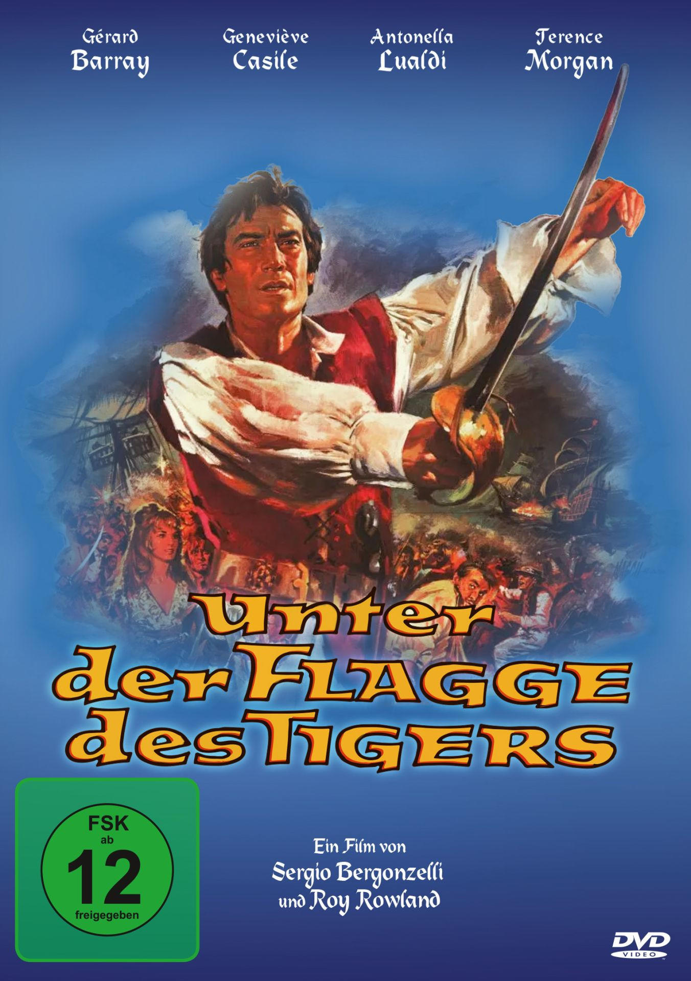 Filmposter mit Mann mit Schwert, Titel 'Unter der Flagge des Tigers' auf blauem Hintergrund.