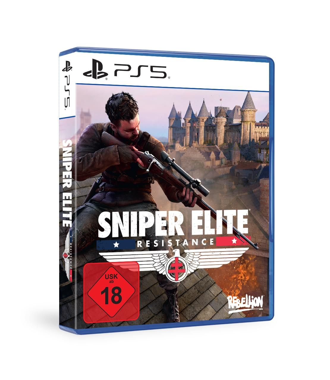 Spielbox zeigt einen Mann mit einem Gewehr. Titel ist Sniper Elite Resistance. PS5-Logo oben.