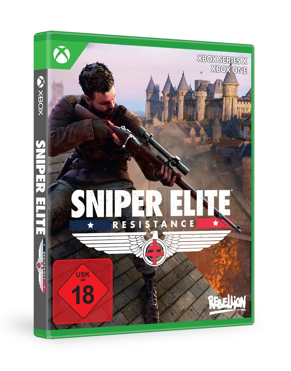 Spielbox für 'Sniper Elite Resistance', mit einem Mann, der ein Gewehr auf eine Burg richtet.