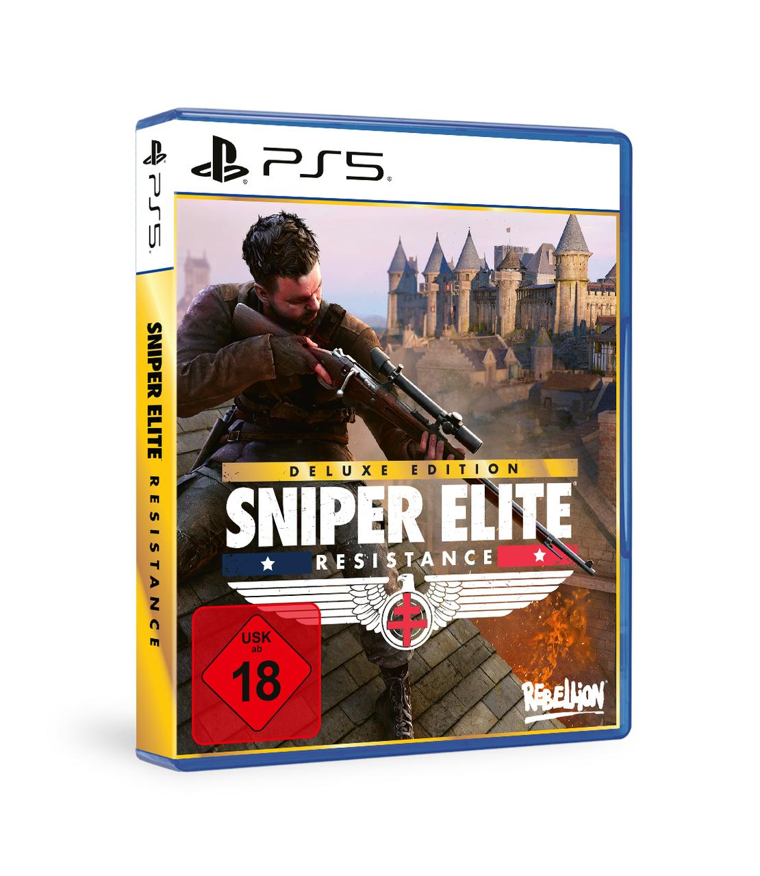 Spielbox von 'Sniper Elite Resistance' für PS5. Ein Mann zielt mit einem Gewehr auf Gebäude im Hintergrund.