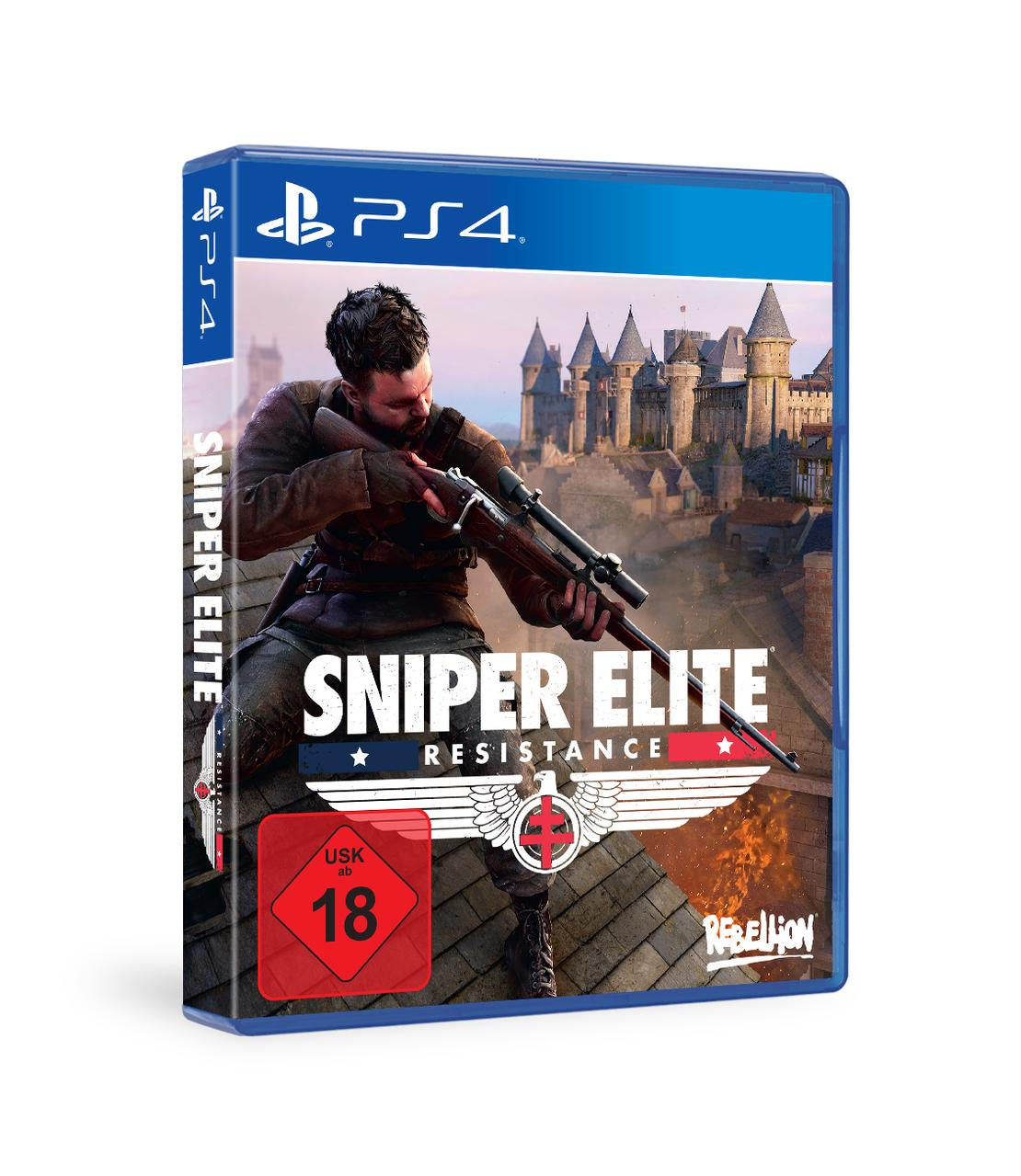Eine Videospielbox, ein Mann, der in einer Kriegsszene ein Gewehr zielt. PS4-Logo in der Ecke.