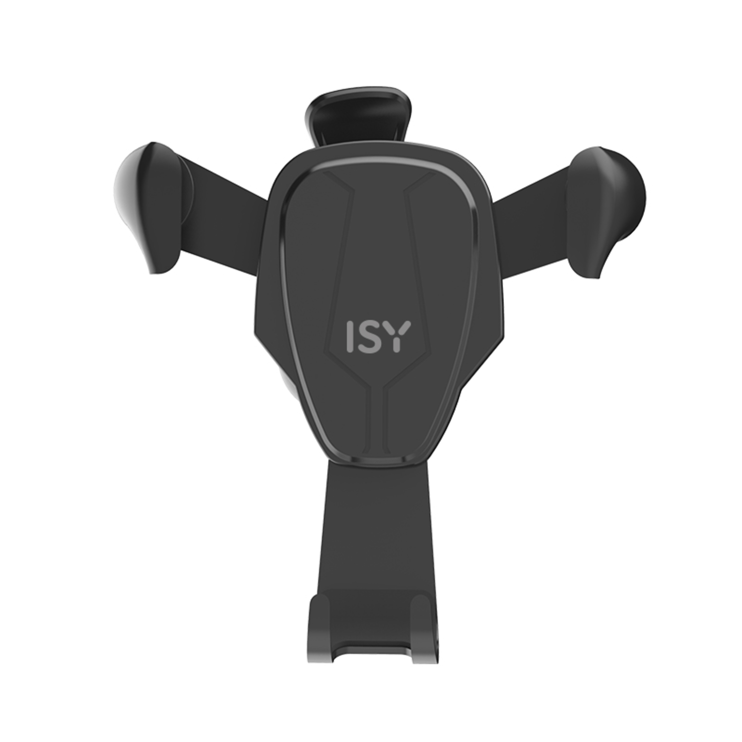 Black car phone holder, ISY brand, with adjustable arms for phone grip. White background.