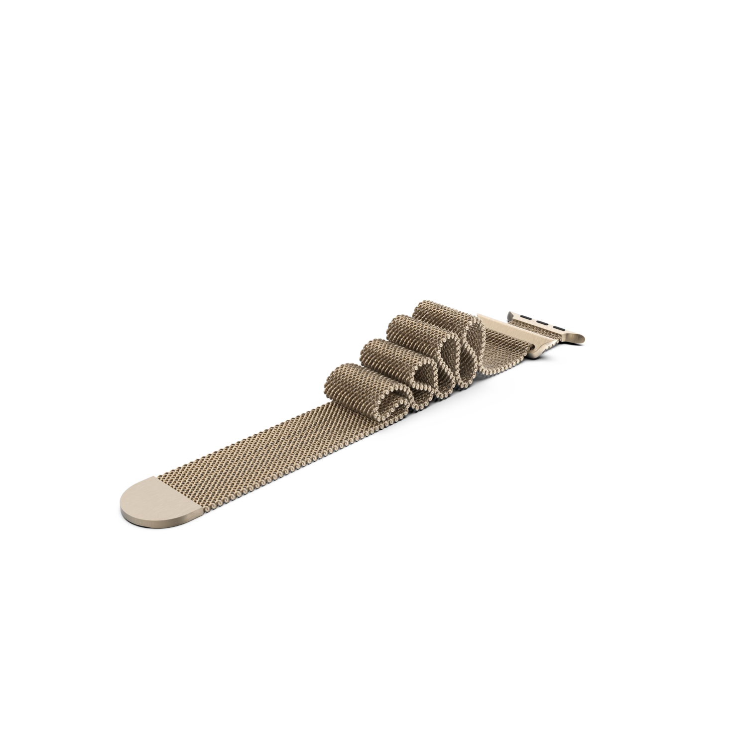 Gouden mesh horlogeband opgerold op een wit oppervlak.