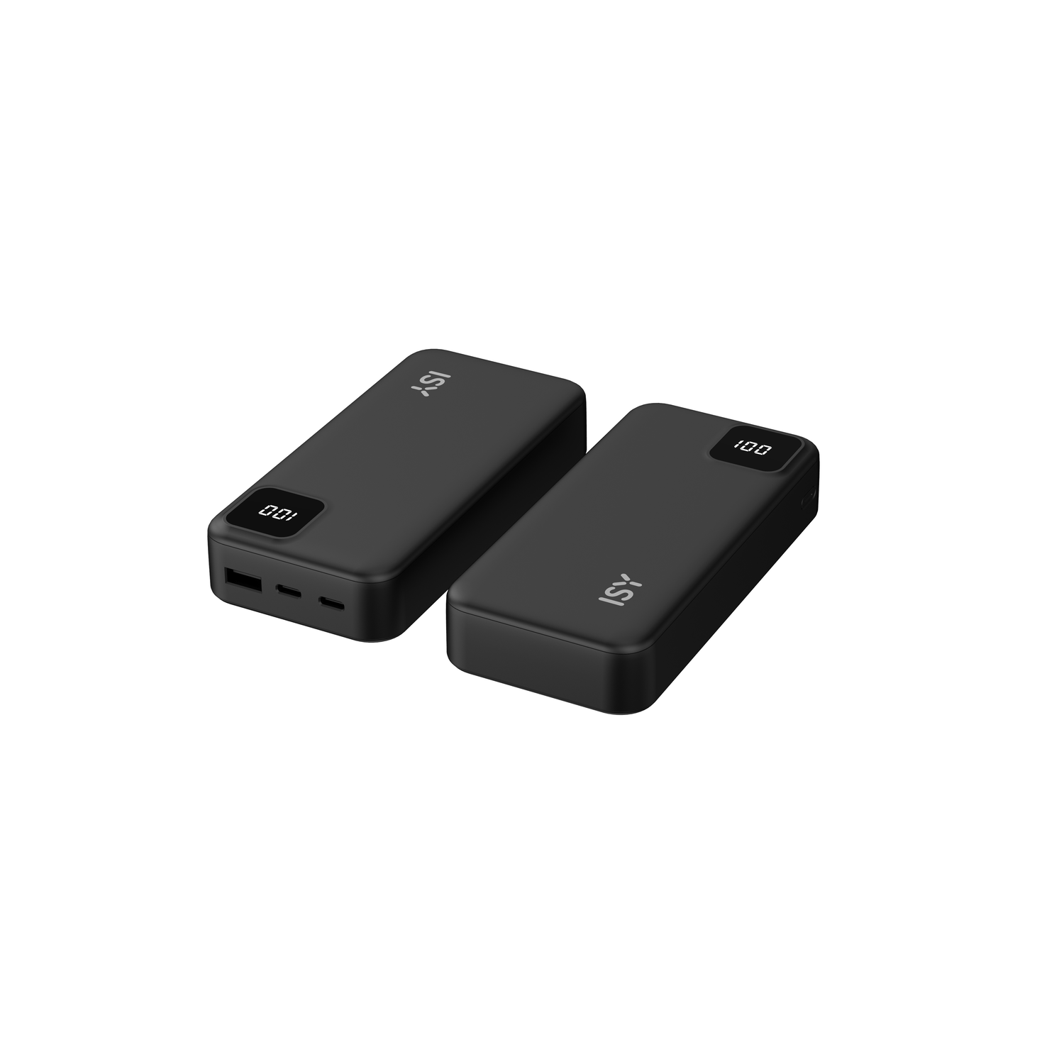 Twee zwarte powerbanks met digitale displays, tegen een witte achtergrond.