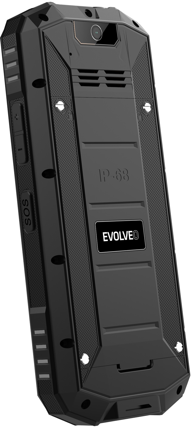 Fekete, strapabíró telefon IP-68 besorolással. Evolve logó és SOS gomb.