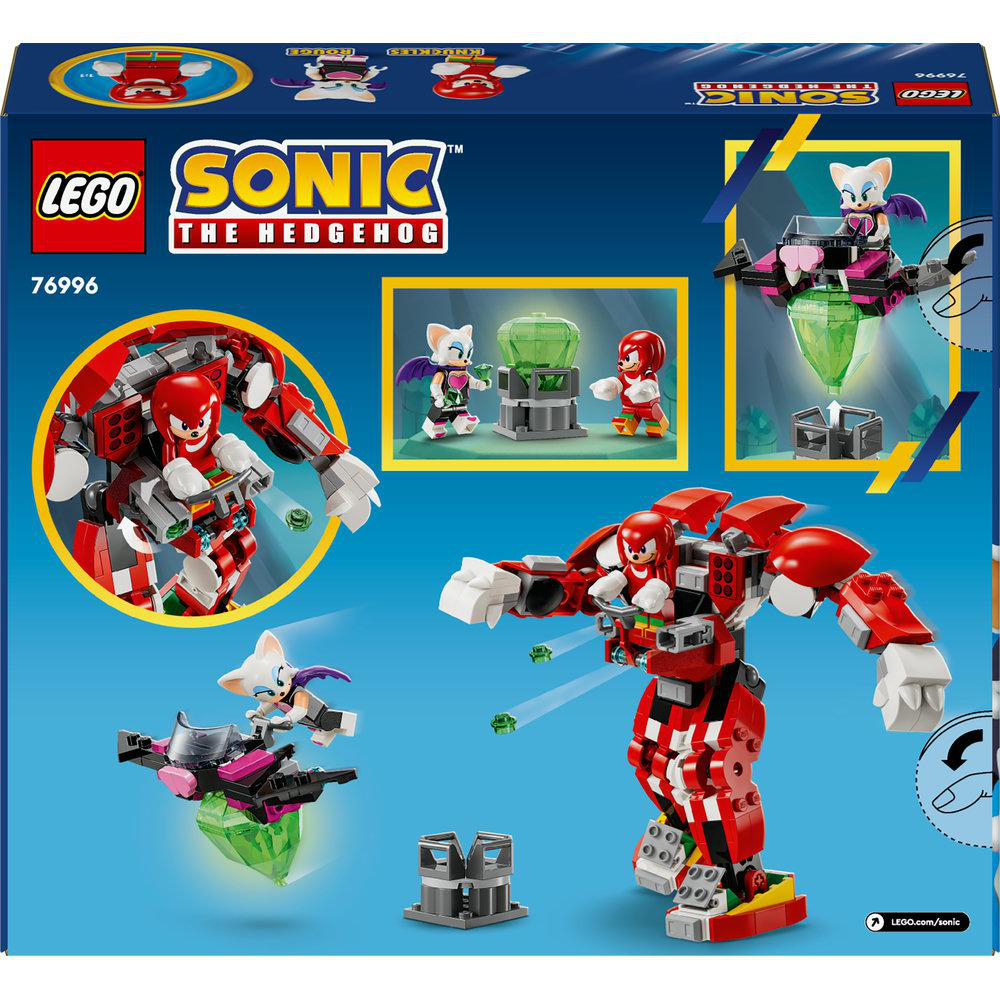 Lego Sonic Set-Box mit Charakteren und einem roten Mech. Es hat die Lego- und Sonic-Logos und einen grünen Kristall.