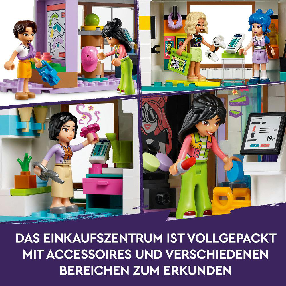 Vier Szenen in einem Einkaufszentrum mit verschiedenen Figuren und Produkten.