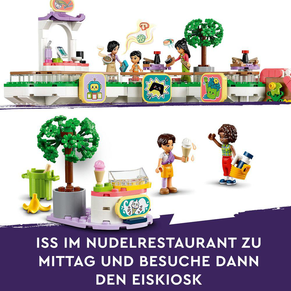Lego-Set mit Figuren in einem Nudelrestaurant und einem Eiscremeshop.