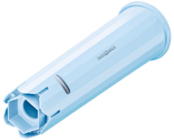Una cartuccia filtrante per l'acqua azzurra con la scritta 'Swiss Made'.
