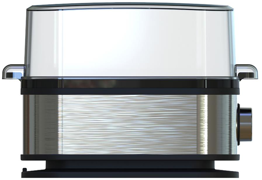 Eine silberne und schwarze Kaffeemaschine mit einem durchsichtigen, gebogenen Deckel. Der Sockel ist schwarz.