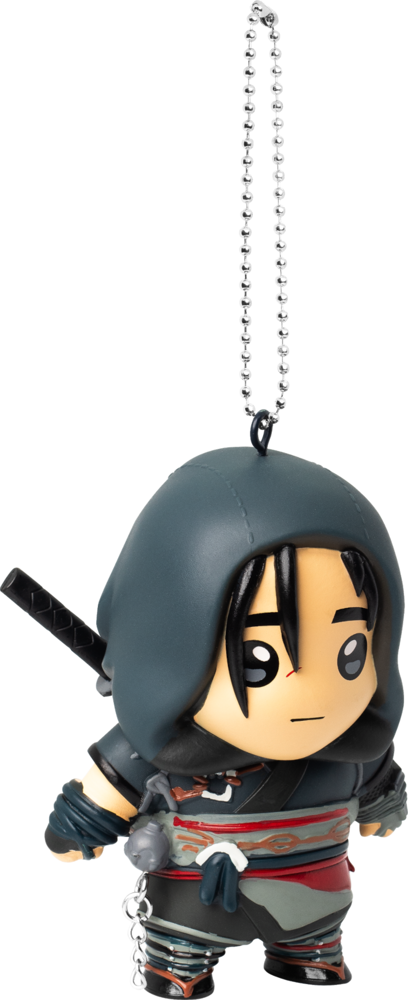 Egy kis, stilizált anime figura karddal és lánccal. Fekete és kék színek.