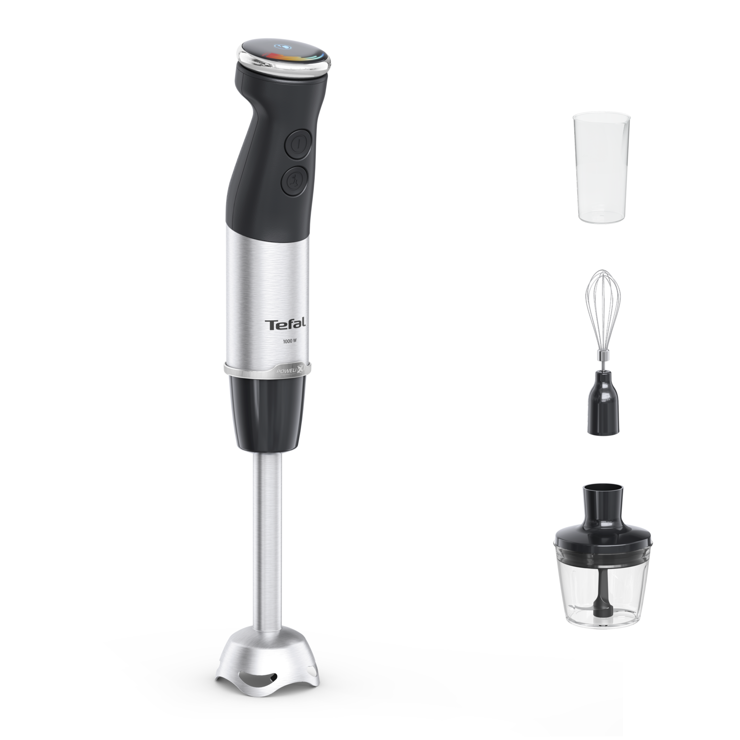 Zilveren en zwarte staafmixer en accessoires.