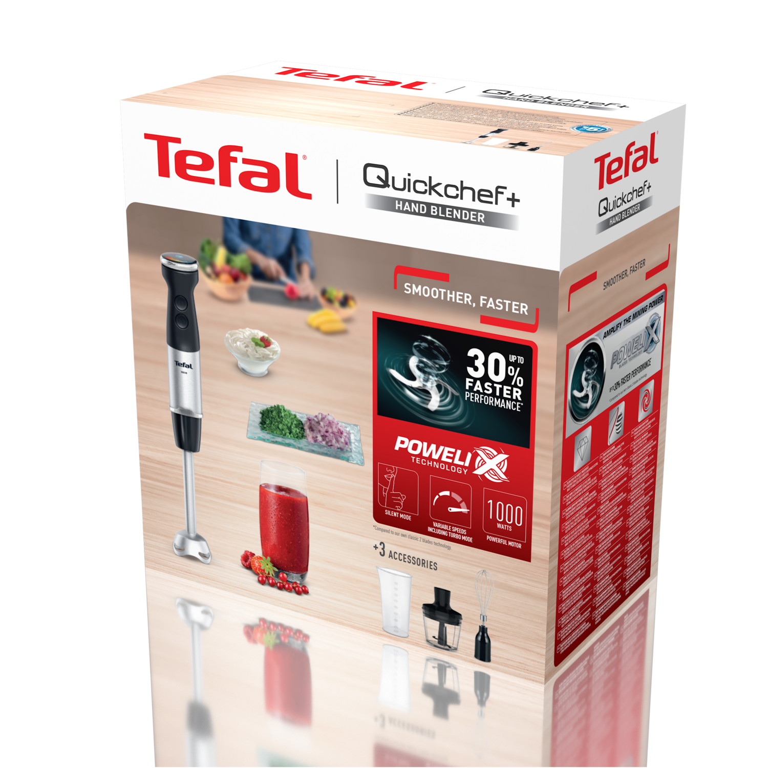 Tefal Quickchef+ staafmixer doos met accessoires en productfoto.