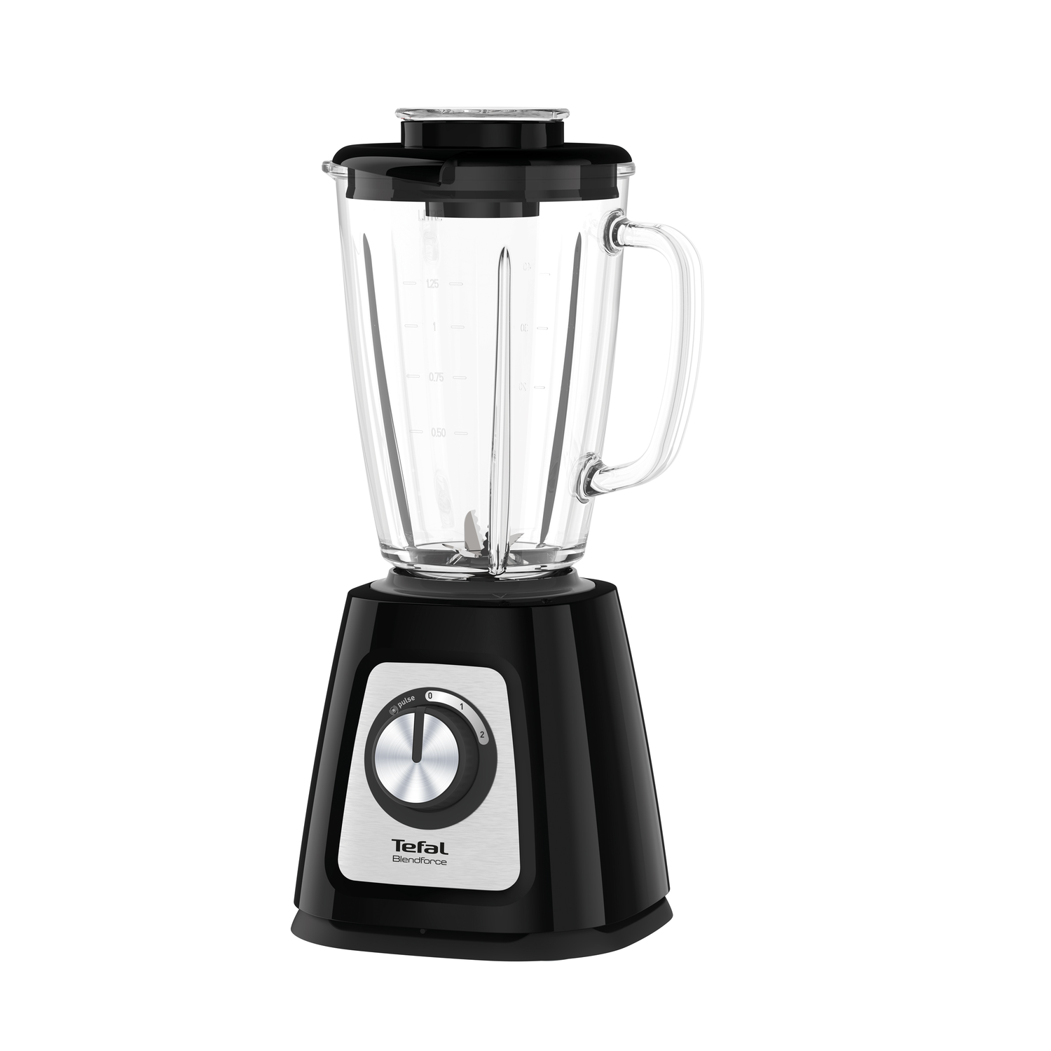 Zwarte en zilveren blender met een glazen kan.
