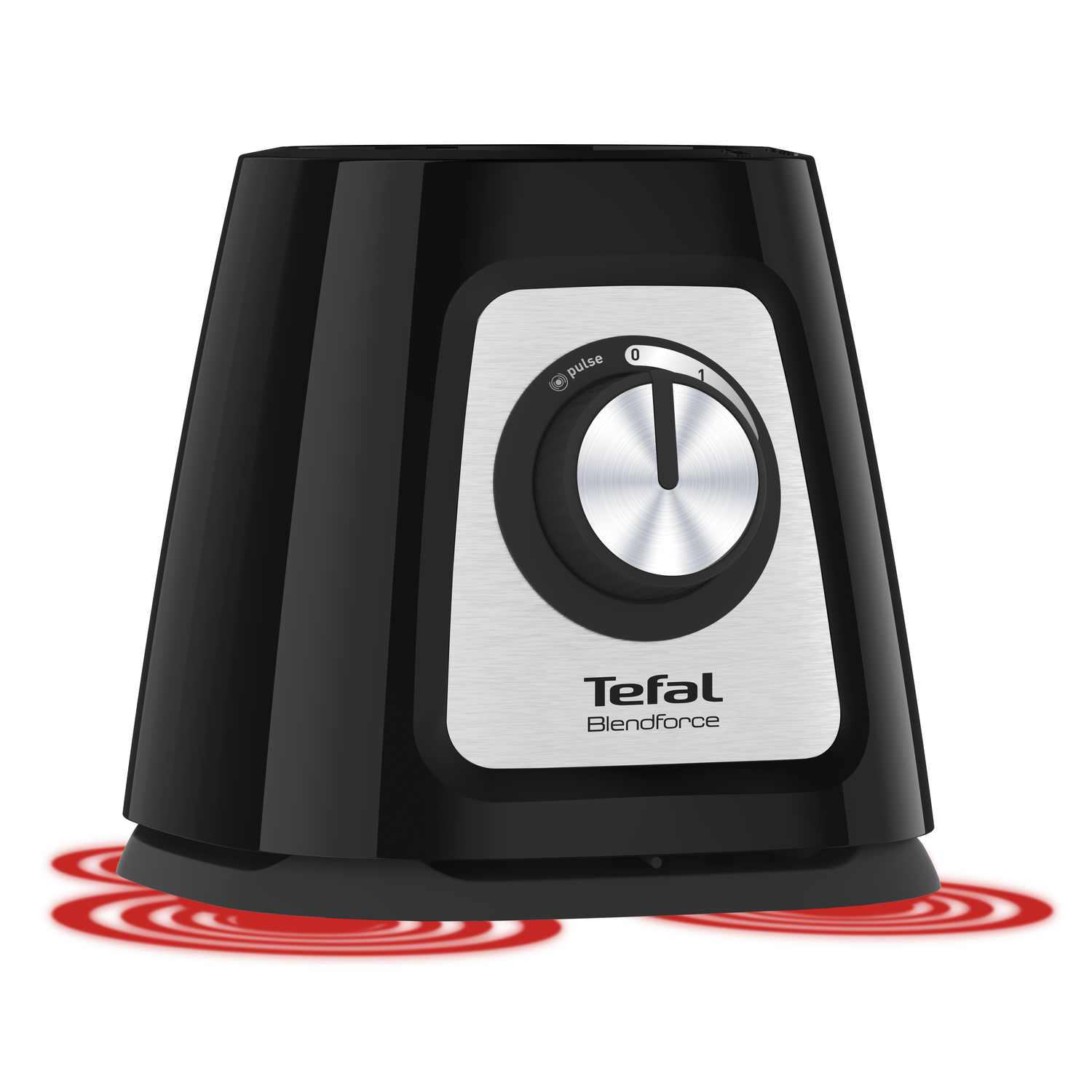 Zwarte Tefal Blendforce blenderbasis met zilveren draaiknop. Rode cirkels op basis.