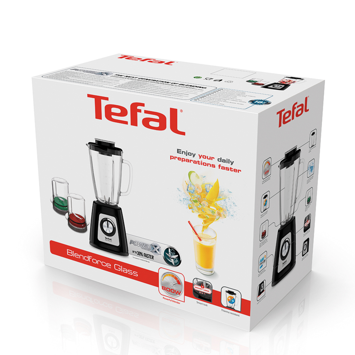 Tefal blender box with an image of blender, fruit, and juice. The box is white and has a red accent.