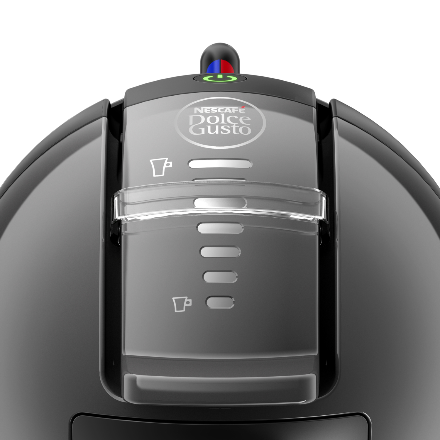 Een zwarte Nescafe Dolce Gusto koffiemachine met een transparant waterreservoir en bediening.