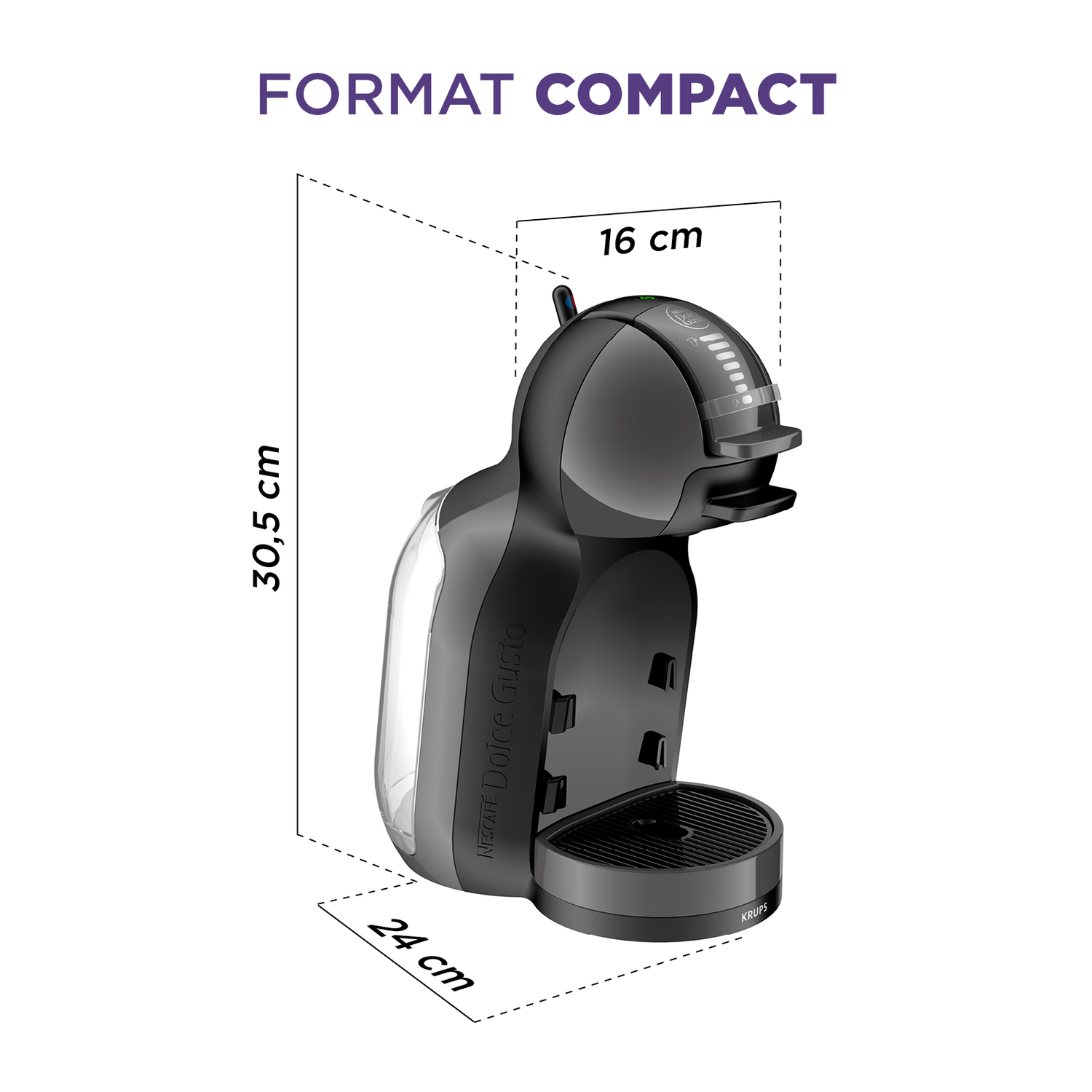 Een zwarte koffiemachine met afmetingen. De machine heeft een watertank en een koffie-uitlaat.