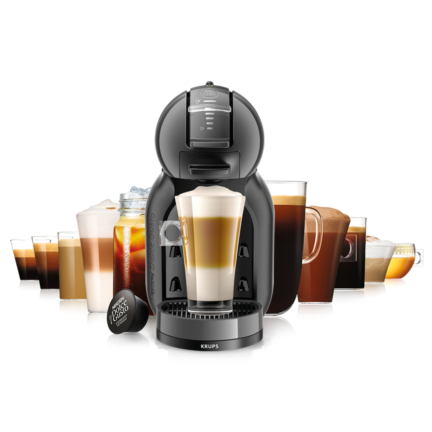 Zwarte Krups Dolce Gusto koffiemachine met diverse koffiedranken en een capsule.