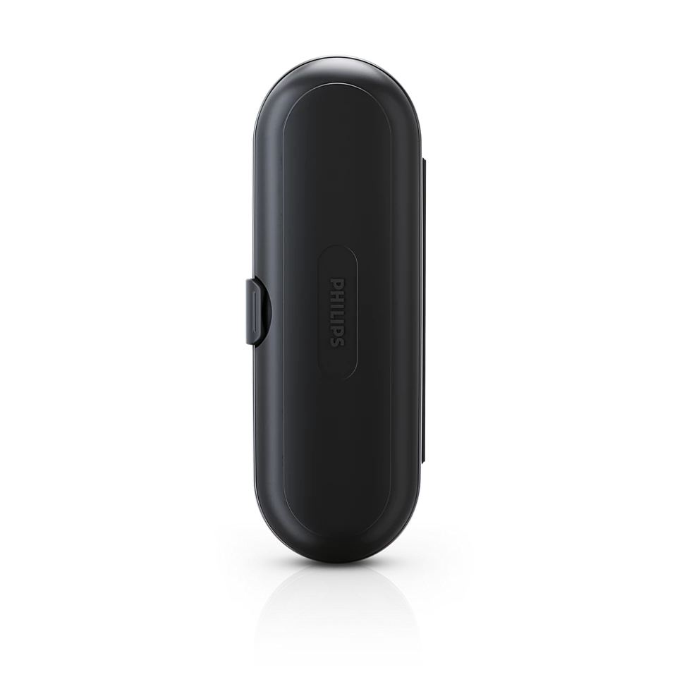 Czarny futerał na szczoteczkę do zębów, widok z boku. Futerał ma zaokrąglony kształt i logo Philips. Czarne tło.