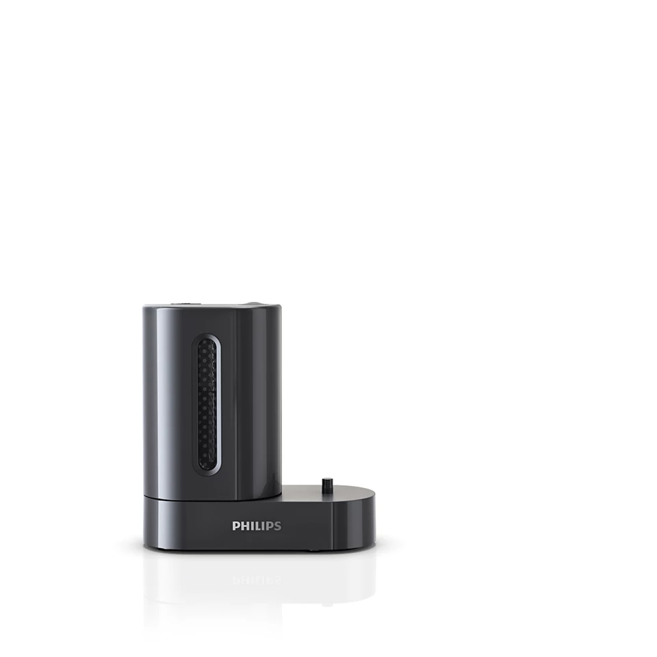 Ciemnoszara stacja ładująca Philips na białej powierzchni.