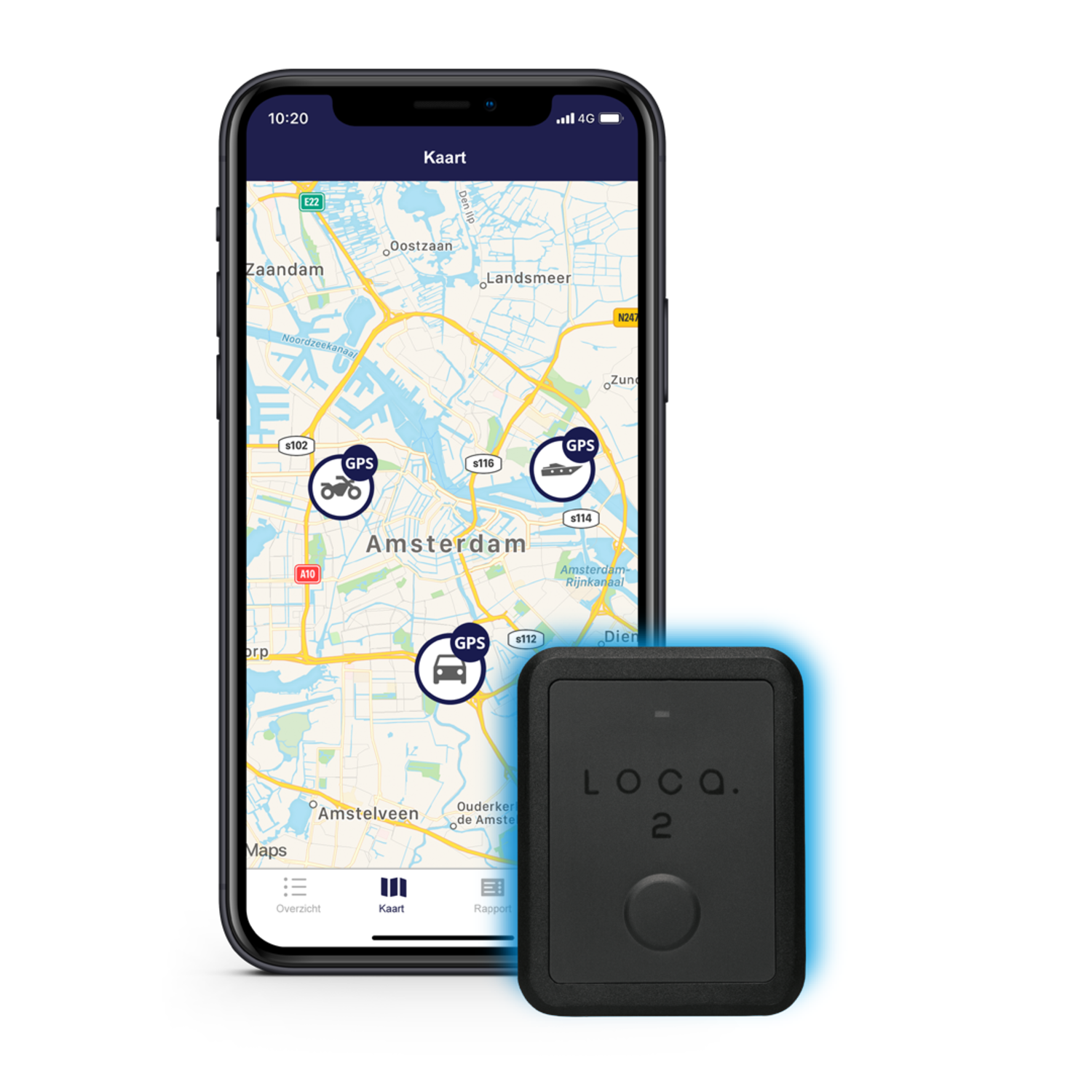 Smartphone met een kaart met GPS-iconen en een zwart trackingapparaat.