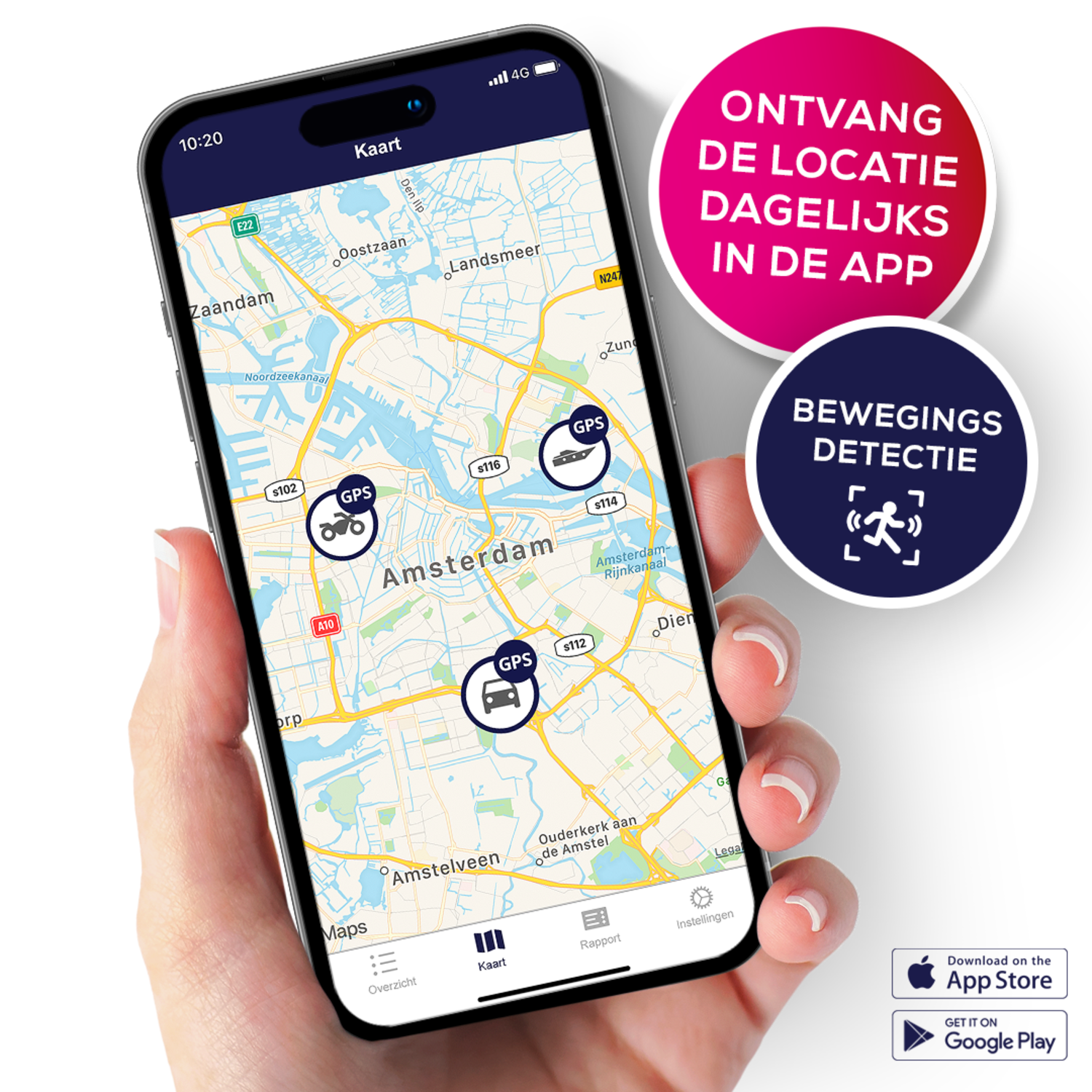 Hand die een smartphone vasthoudt met een kaart van Amsterdam met locatiemarkeringen.