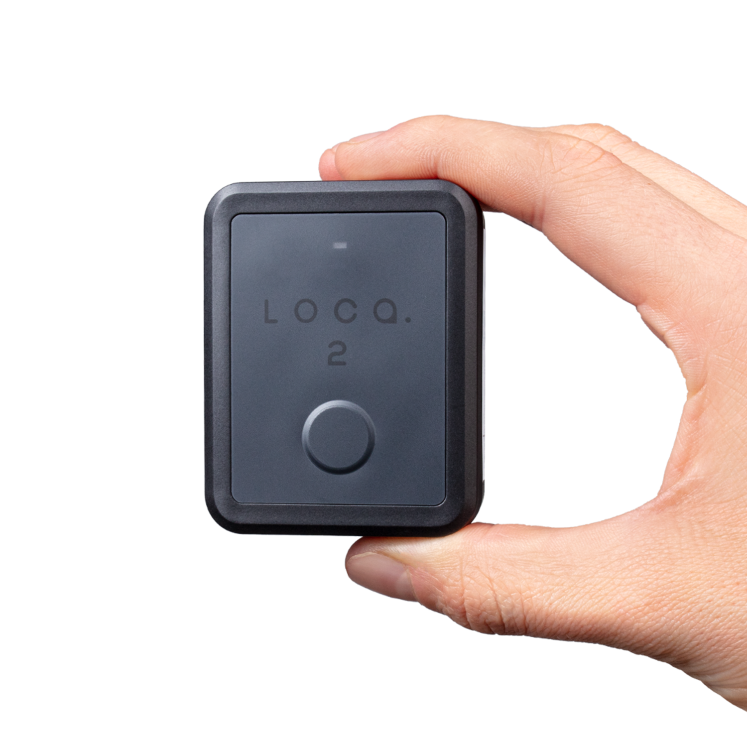 Hand die een donkergrijs vierkant apparaat vasthoudt met 'LOCQ. 2' en een knop.
