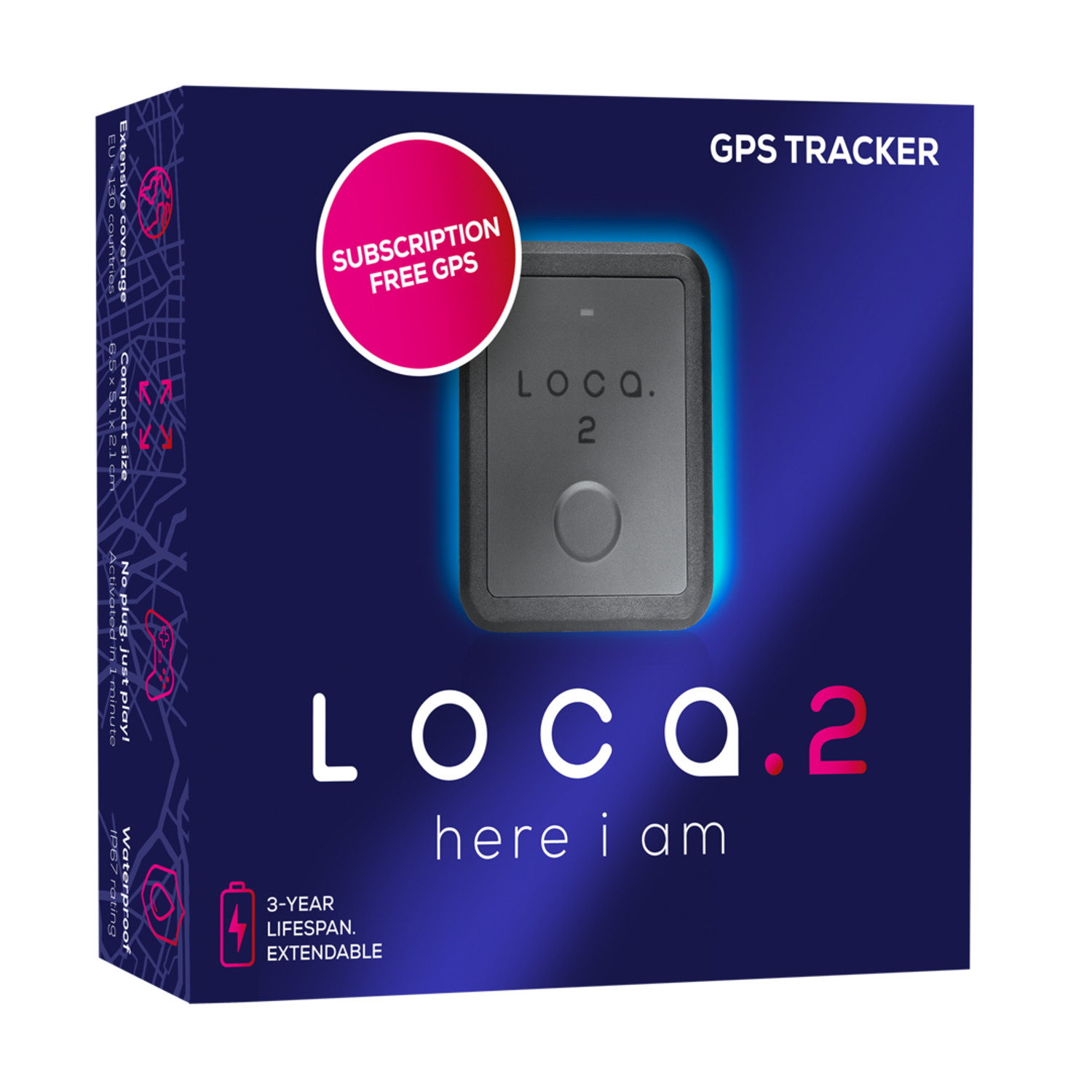 Een GPS-trackerdoos met tekst en een afbeelding van een tracker. De doos is donkerblauw met rode en roze accenten.