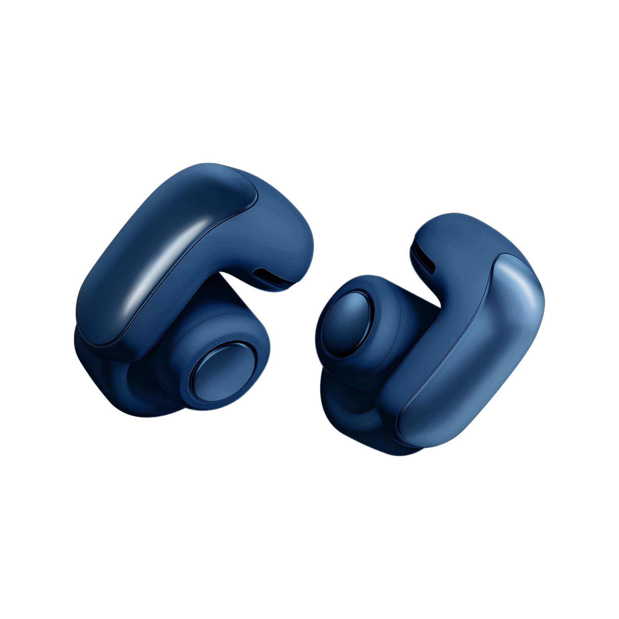Zwei dunkelblaue kabellose Ohrhörer mit einem schlanken Design, auf weißem Hintergrund.