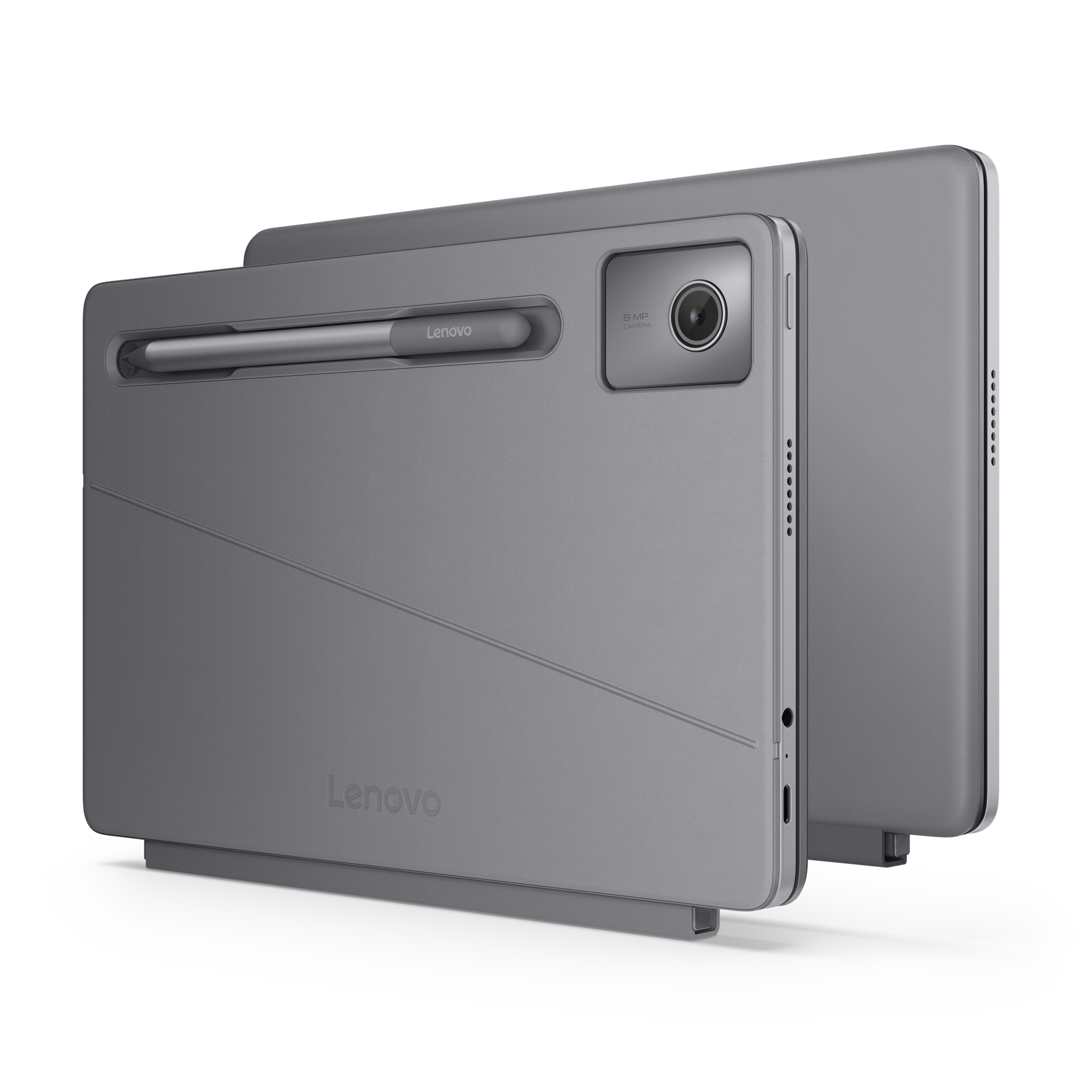 Graues Lenovo-Tablet mit Stift. Zwei Tablets werden gezeigt, eines mit Stift.