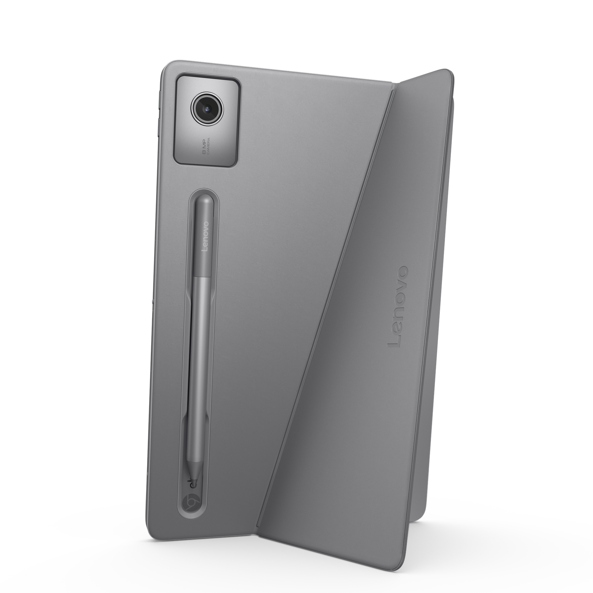 Graues Lenovo-Tablet mit Stift und Hülle.