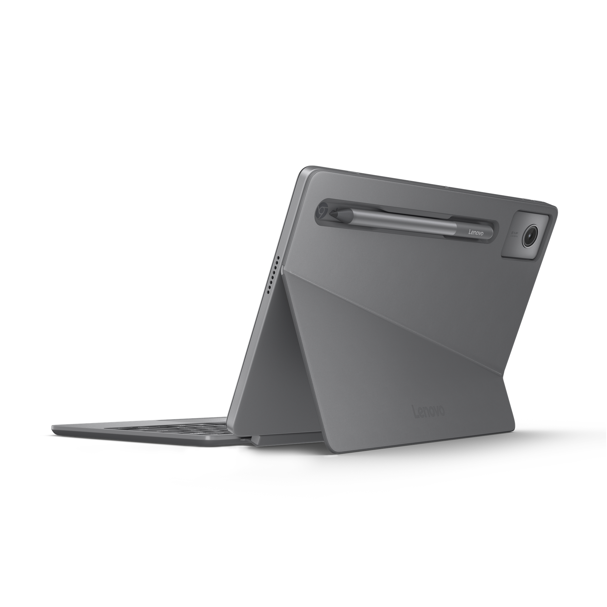 Ein graues Tablet mit einem angebrachten Stift. Das Tablet wird von einem Ständer aufgestellt.