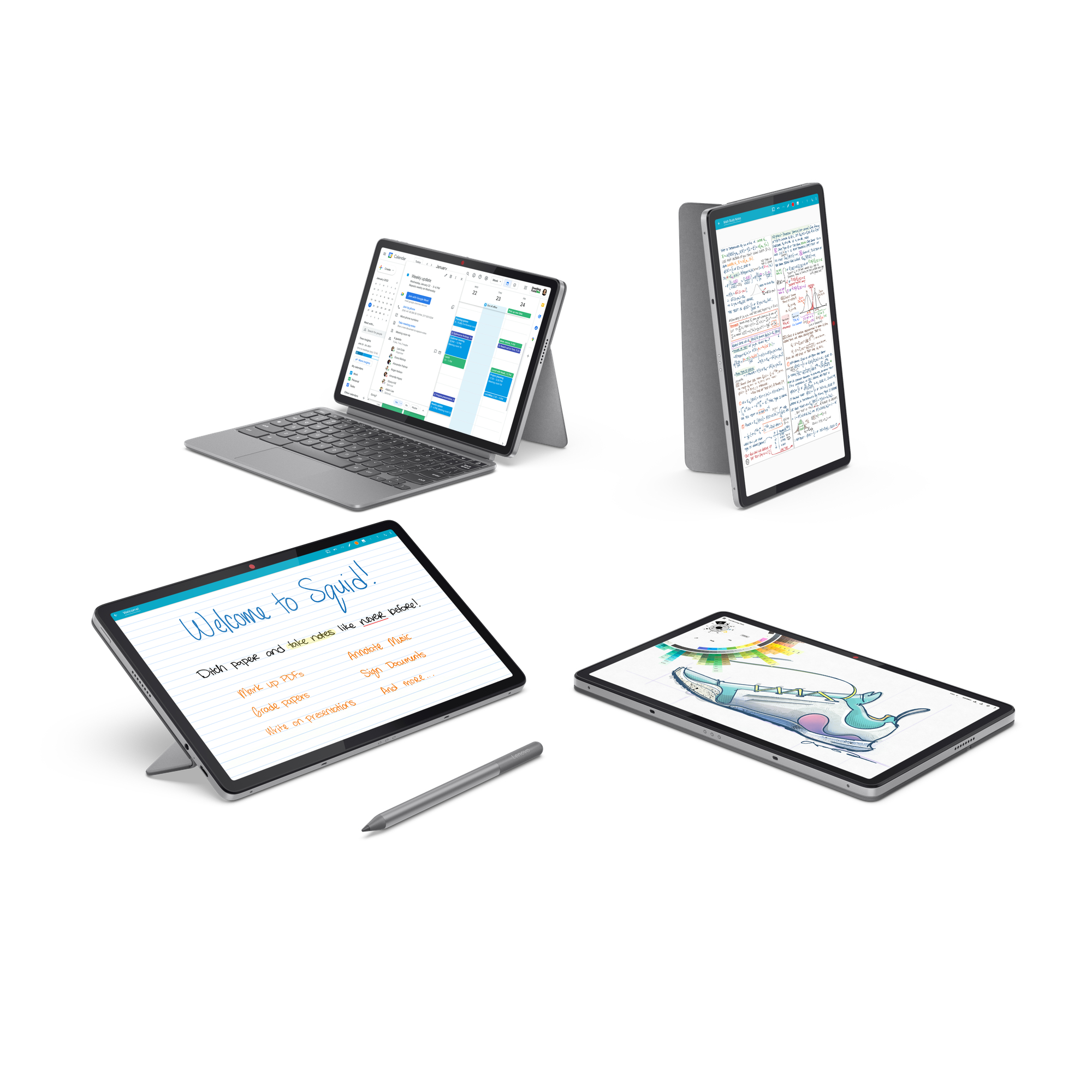 Tablets, eins mit Tastatur, andere mit Notizen, Zeichnungen und einem Stift.