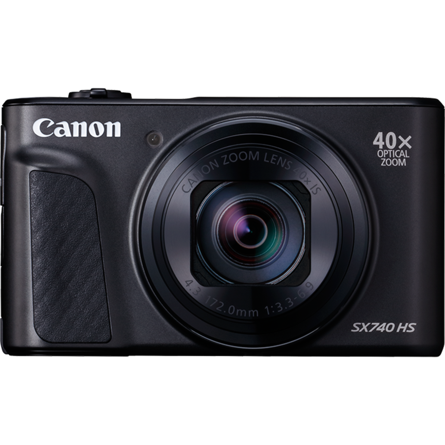 Appareil photo Canon noir, avec objectif et informations du modèle sur fond noir.
