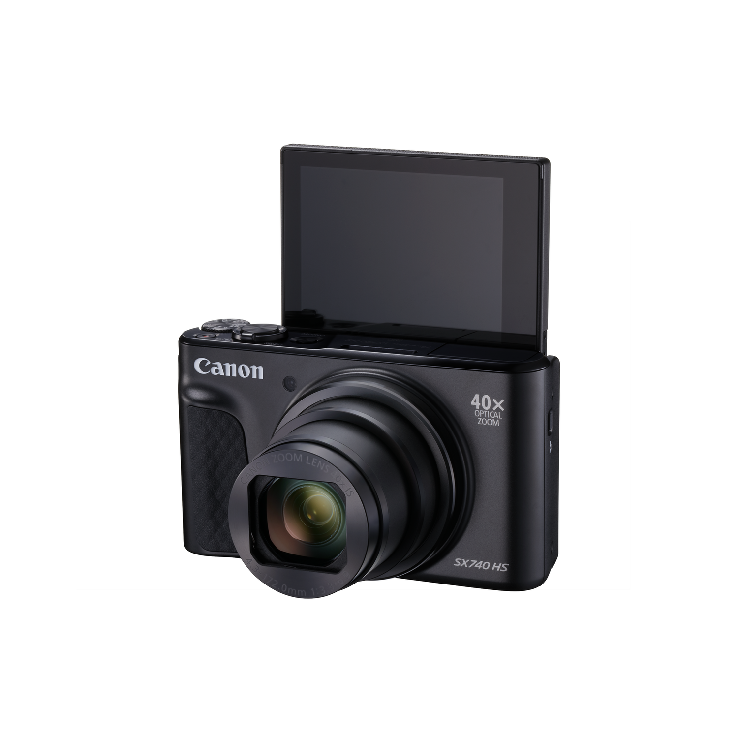 Un appareil photo Canon noir avec écran rabattable, objectif visible.